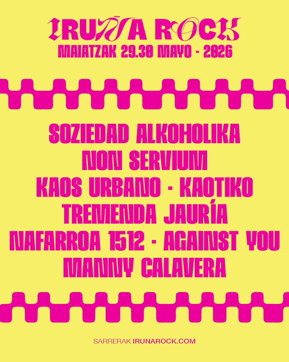 SEGUNDO AVANCE DE CARTEL · IRUÑA ROCK 2026 · ¡Vamos a rugir alto! 

🚀👊🏾 BIGARREN KARTEL AURRERAPENA 

irunarock.com