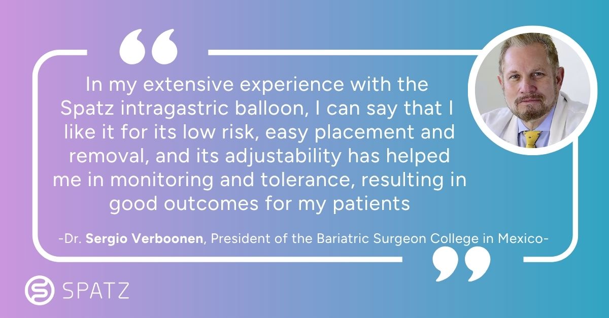 Spatz3Balloon's tweet image. 🎙️ “Low risk, easy placement and removal, and great outcomes for my patients.”
– Dr. Sergio Verboonen @sverboonen, President of the Bariatric Surgeon College in Mexico, on his experience with the #Spatz3 Adjustable #GastricBalloon.
#BariatricSurgery #WeightLoss