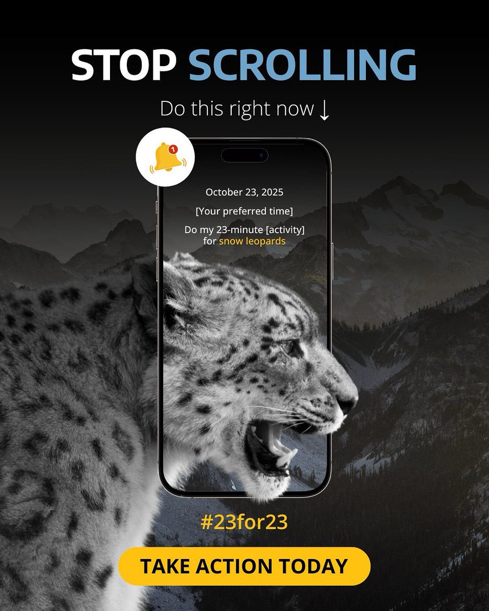 gslep_program's tweet image. Snow leopard survival depends on what we do today.
Set your October 23rd reminder now. 23 minutes for snow leopard conservation can define their future.
#23for23 #SnowLeopardDay