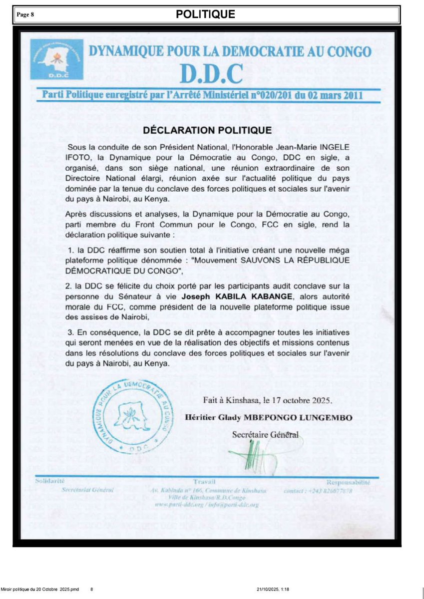 DDCRdcongo's tweet photo. La DDC, parti cher à l'Honorable Jean-Marie INGELE IFOTO a tenu, au siège national, une réunion extraordinaire de son Directoire National élargi. À l'issue de celle-ci, une déclaration politique de soutien à la méga plateforme politique issue du conclave de Nairobi a été faite. https://t.co/jlO6mQMjML