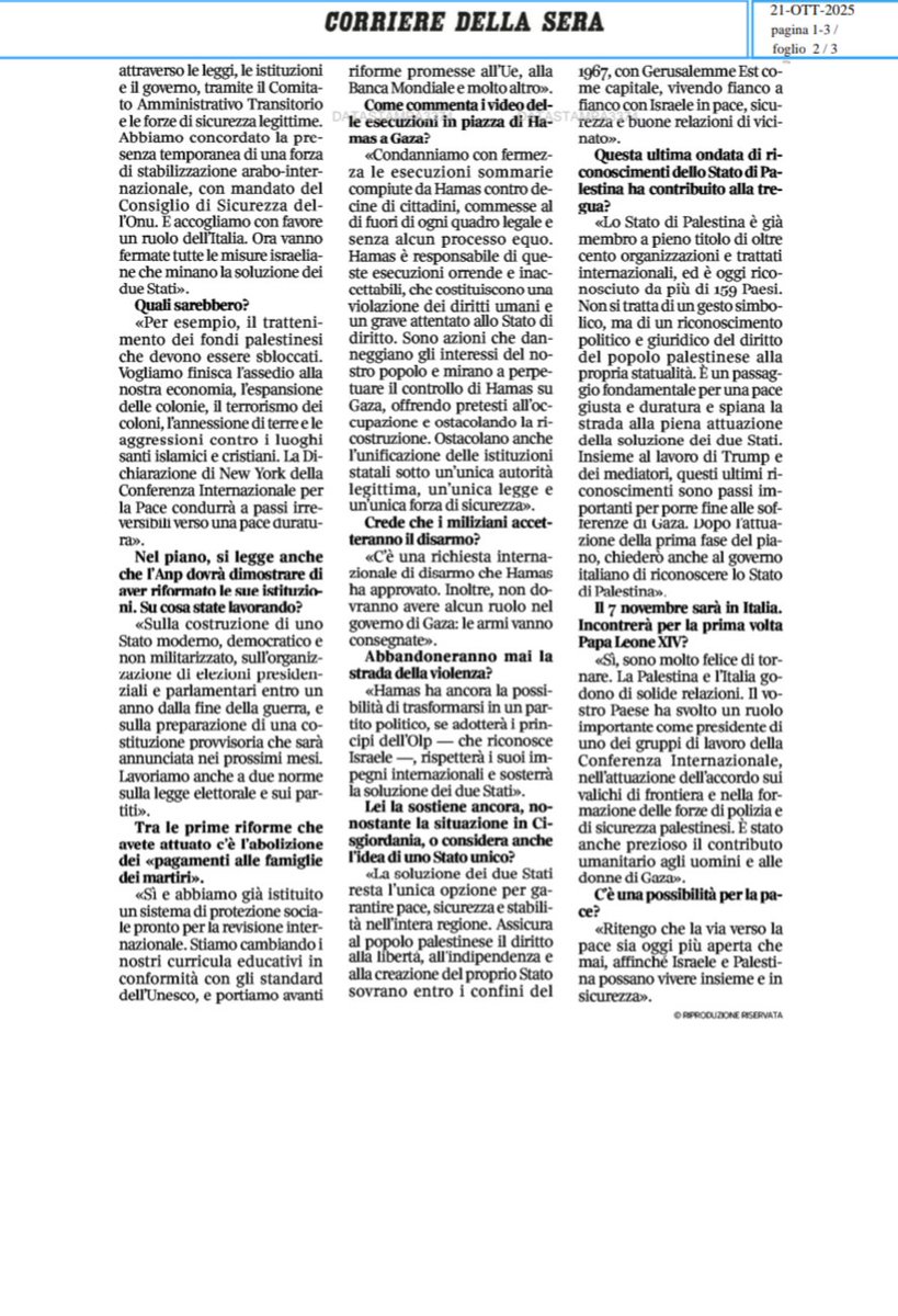 Una bella e coraggiosa intervista di Abu Mazen per una pace fondata sulla convivenza e sul riconoscimento dei diritti di due popoli. Dovrebbe insegnare qualcosa a chi urla "Palestina dal fiume al mare". Qui il testo 👇