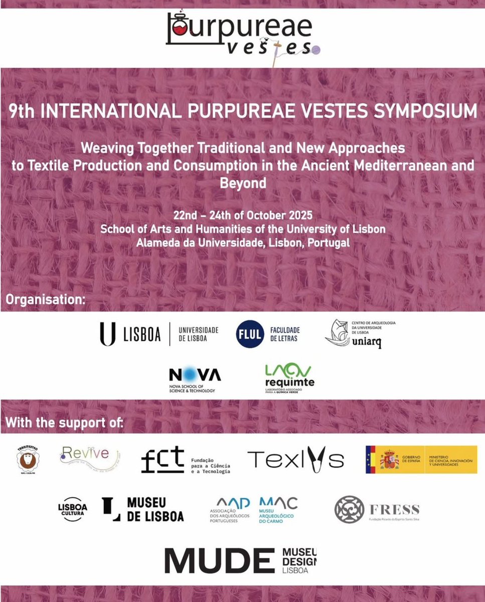 This week is about #archaeologicaltextiles!
In case you are at <a href="/UniarqU/">UNIARQ - Centro de Arqueologia da ULisboa</a>, do not hesitate to attend!! 
If you want to know what's ahead, here you have the Programme 👇🧶 purpureaevestes.weebly.com/next-edition.h…
Can't wait !!🤗
#IXPV #PurpureaeVestes #textiles #Archaeology