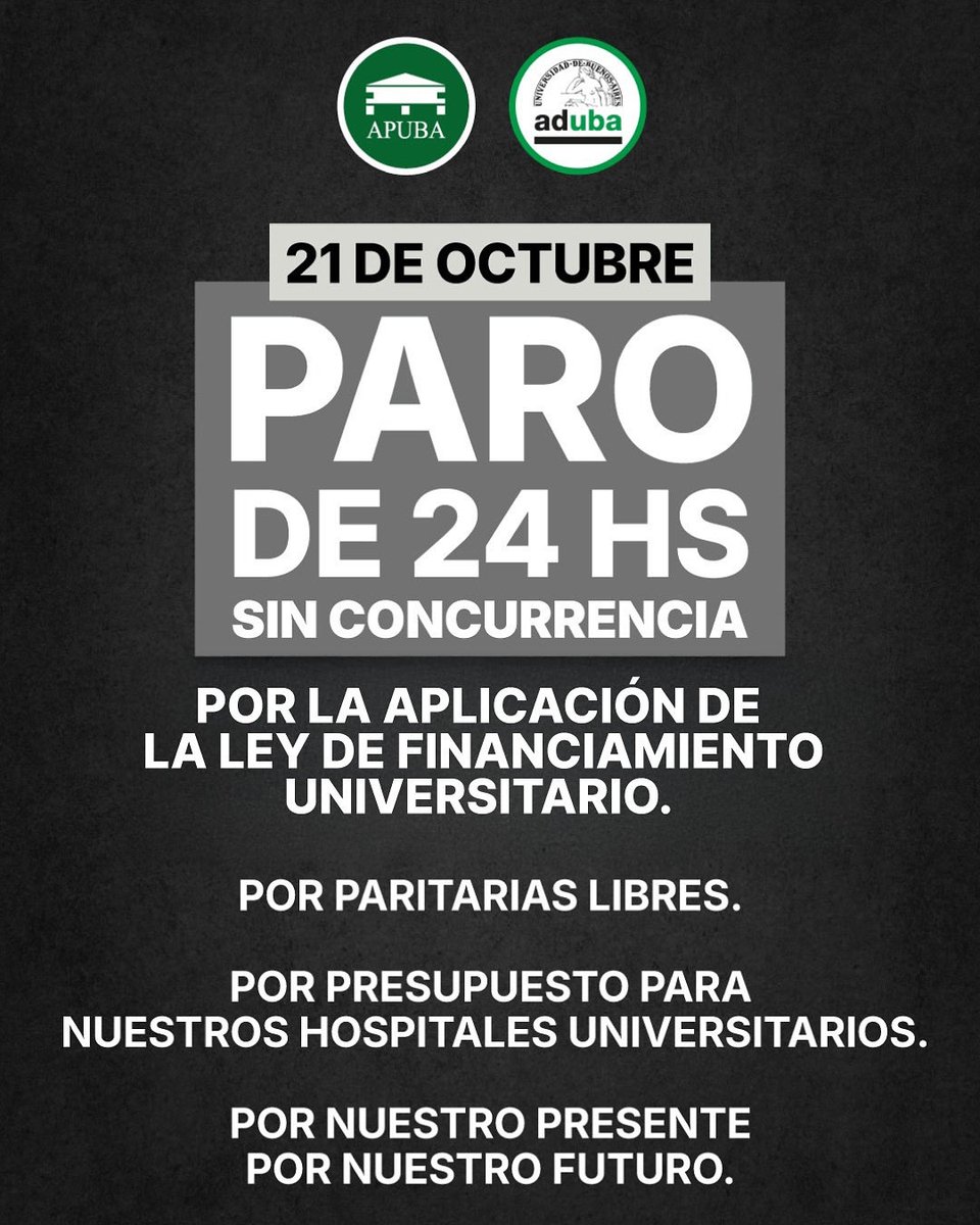 21 DE OCTUBRE

PARO DE 24 HS
SIN CONCURRIENCIA

Si bien la Ley de Financiamiento Universitario fue promulgada, nuevamente el Ejecutivo nacional suspendió su aplicación argumentando que no hay fondos. 

POR LA APLICACIÓN DE LA LEY DE FINANCIAMIENTO UNIVERSITARIO.

POR PARITARIAS