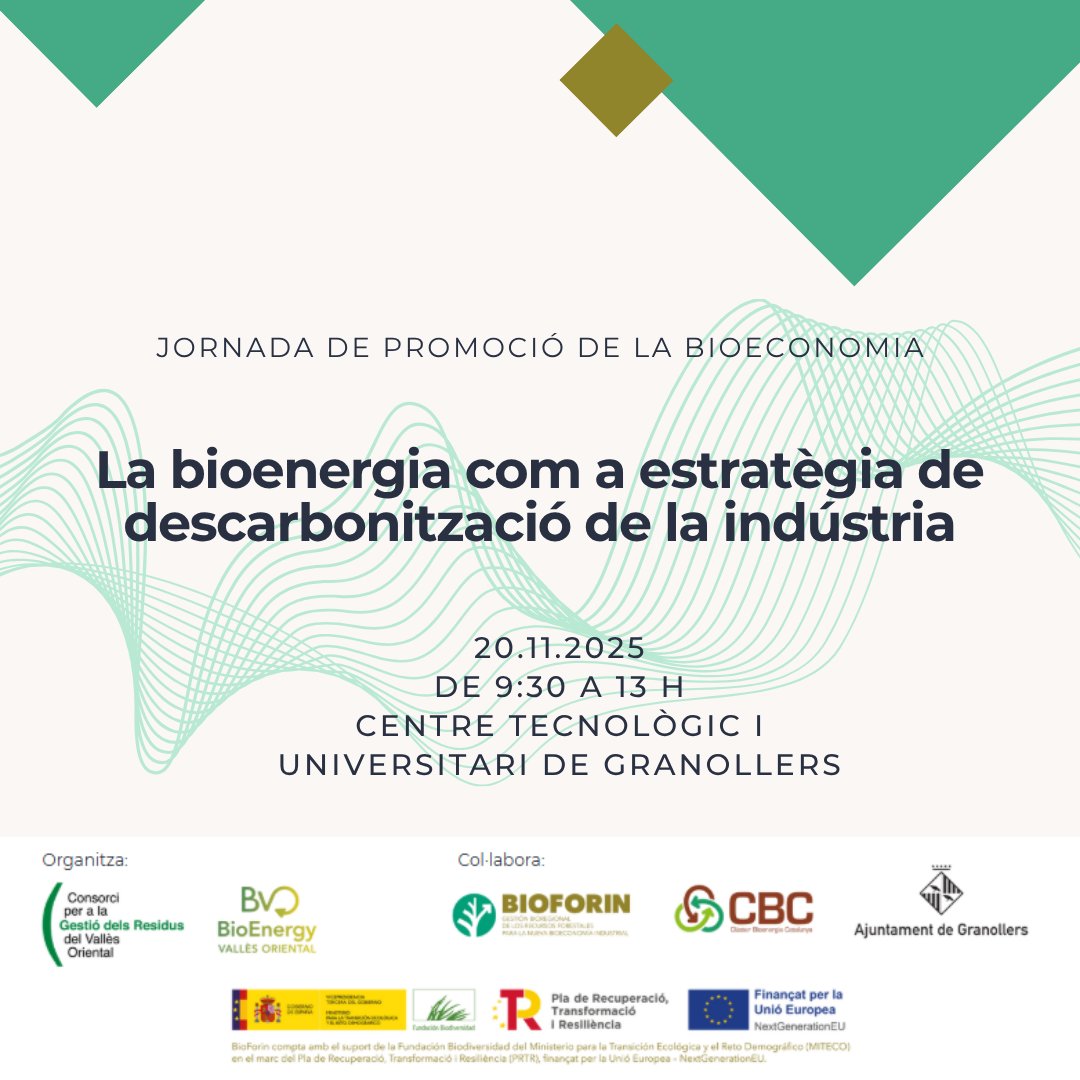 PBioforin's tweet photo. 📌Jornada - “La bioenergia com a estratègia de descarbonització de la indústria”

📅20 de novembre
📍Granollers
🕒 De 9:30 a 13 h

S’emmarca dins del projecte #Bioforin i està organitzada per @cresidusvo, amb el suport de @Bioenergia_Cat i @granollers.

🔗https://t.co/nOGAFvfi2i https://t.co/8kpOayUgAx