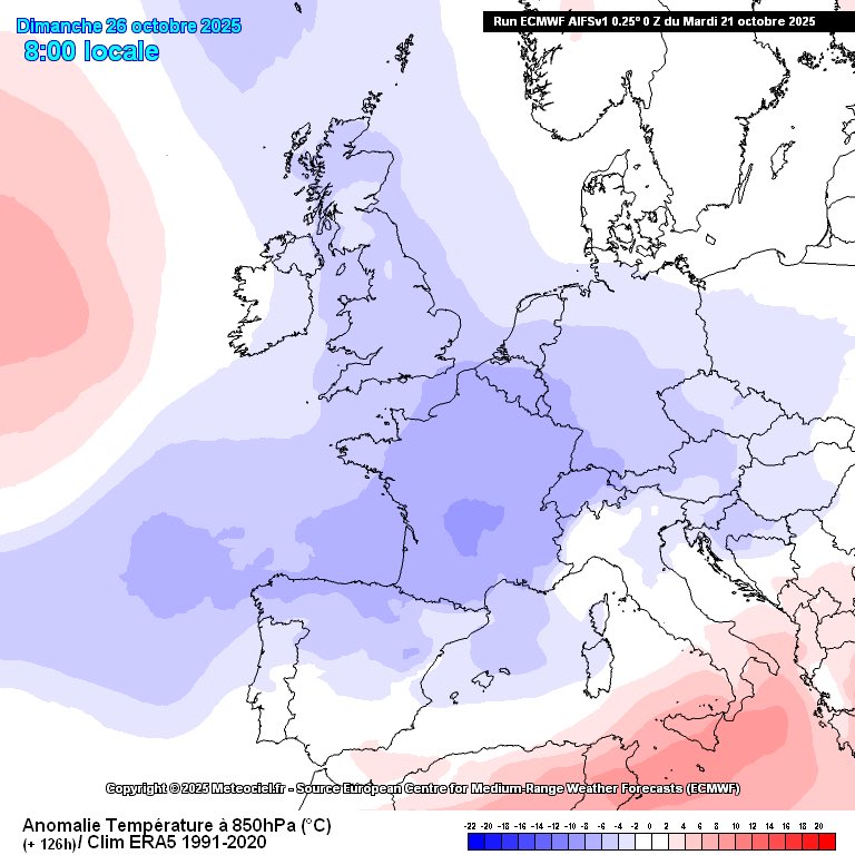 Tras el paso del frente frío del sábado nos afectará una descarga fría polar marítima que hará descender la cota de nieve hasta los 1300-1500m en #Pirineos ❄️

Dejará temperaturas más invernales que otoñales para acabar la semana

Frente (img 1), Anomalía térmica DOM 26 (img 2):