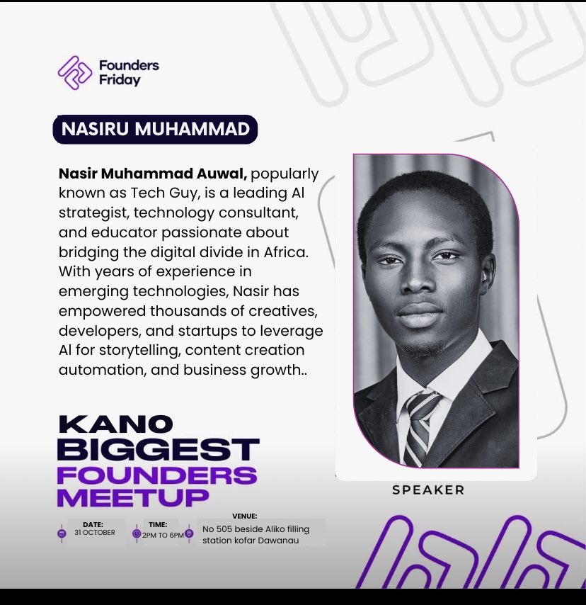 Tech_Guy00's tweet image. We are thrilled to announce one of our speakers 🔊 for this month’s Founders Friday — Nasiru Muhammad 

📅 Don’t miss out — register now via: lu.ma/foundersfriday…

Join us for an exciting October edition of the Founders Friday Meetup!