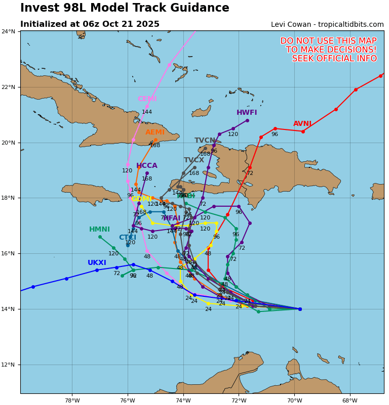 Buenos días,  las tendencias durante la noche continuaron siendo las mismas, los modelos no saben en *sí* hacia dónde se dirigirá 98L en este hilo veremos una variabilidad de trayectorias y los diferentes escenarios de cada modelo, las lluvias siguen siendo el mayor problema...
