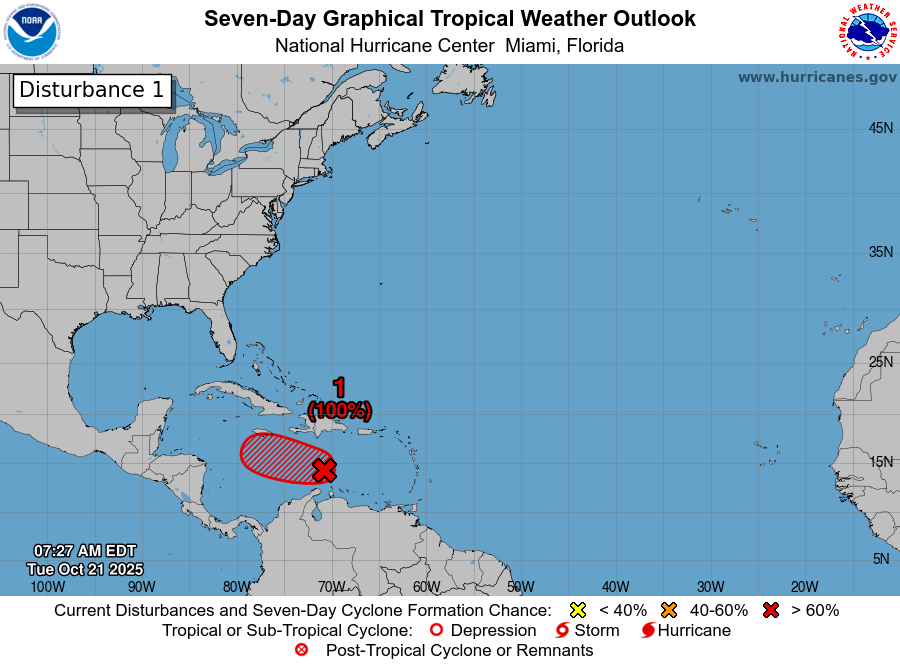 The U.S. National Hurricane Center has now raised the development chances for the system in the Caribbean to 100%, confirming that it will become Tropical Storm Melissa later today. Jamaicans should remain on high alert and continue to monitor official updates closely.