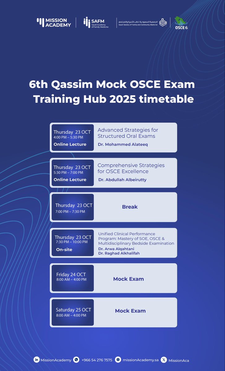 📢تسعدني المشاركة في دورة الأوسكي السنوية بالقصيم بإذن الله تعالى ..

خصم ١٥٪ باستخدام الكود: AB15
 
محاكاة واقعية لاختبار الزمالة النهائي
التعرف على طبيعة المحطات وآلية التقييم
تعزيز مهارات التواصل والخطة العلاجية

مع المتحدثين:
د. عبدالله البيروتي  
د. محمد العتيق  
د. أروى