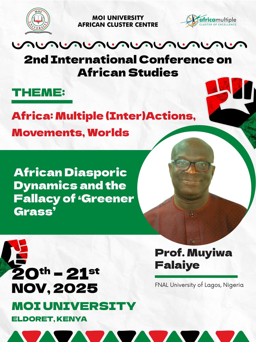 Prof. Falaiye, from the <a href="/UnilagNigeria/">University of Lagos</a>   presents a paper titled 'African Diasporic Dynamics and the Fallacy of "Greener Grass" at the <a href="/moiuni_acc/">Africa Cluster Center of Excellence Moi University</a> Conference, themed Multiple (Inter)actions, Movements, Worlds, held at <a href="/MoiUniversity_/">Moi University</a>, from 20th-21st November.