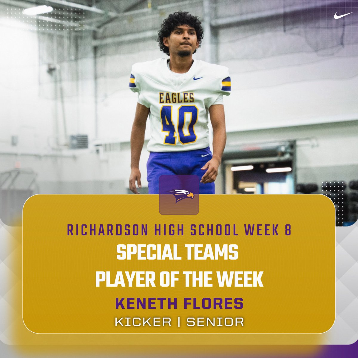 💪 RICHARDSON HIGH SCHOOL WEEK 8 PLAYERS OF THE WEEK 🦅

🏈 Offensive Player of the Week:
Jayden Hernandez—WR | Senior

🛡 Defensive Player of the Week:
Jaimeon Winfield—DL | Senior

⚡️ Special Teams Player of the Week:
Keneth Flores—Kicker | Senior

#EaglesElevate #BringTheHeat