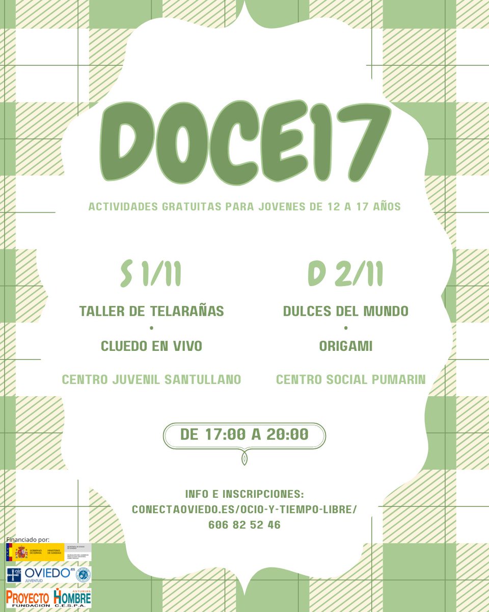 ¿Quieres vivir un finde diferente? Pues apúntate al 6️⃣ finde del DOCE17 ✨

Ya huele a Halloween así que tenemos Taller de telarañas y Cluedo en vivo, ¿te animas a venir disfrazadx? Y el domingo te esperamos con Dulces del mundo y Origami
Tienes + info en conectaoviedo.es/ocio-y-tiempo-…
