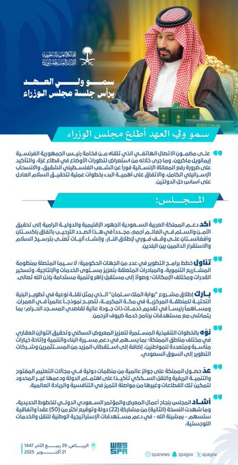 مجمل ما جاء في مجلس الوزراء برئاسة سمو ولي العهد في الرياض 