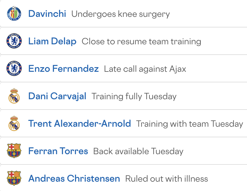 Updates from the morning:

📉Bad news for Davinchi.
🔵Enzo a late call. Delap getting better.
⚪️Both Carvajal &amp; TAA training.
🟣Ferran available in UCL.

#CFC #RealMadrid #FCBarcelona #UCL #ChampionsLeague