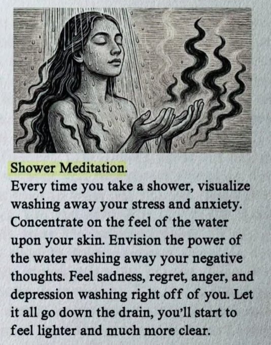 Artistic illustration of a woman with long wavy hair standing under a shower stream, her eyes closed in concentration, hands raised slightly as water flows over her face and body. She wears a simple draped garment that covers her form modestly. Surrounding her are swirling patterns representing emotions like sadness, regret, anger, and depression being washed away. Text overlay explains shower meditation technique for visualizing stress relief and emotional cleansing.