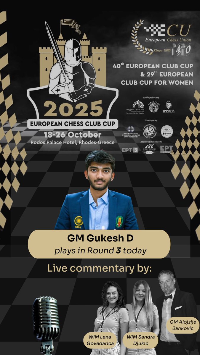 Reigning World Champion Gukesh D is back in action! ⚡

Round 3 of the European Chess Club Cup 2025 by <a href="/ECUonline/">European Chess Union</a> is on today, tune in for the live stream with <a href="/AlojzijeJ/">GM Alojzije Jankovic</a> &amp; <a href="/lenachess/">lena miladinovic</a> in the studio, and Sandra at the interview booth.

youtube.com/live/wWgq0Pret…