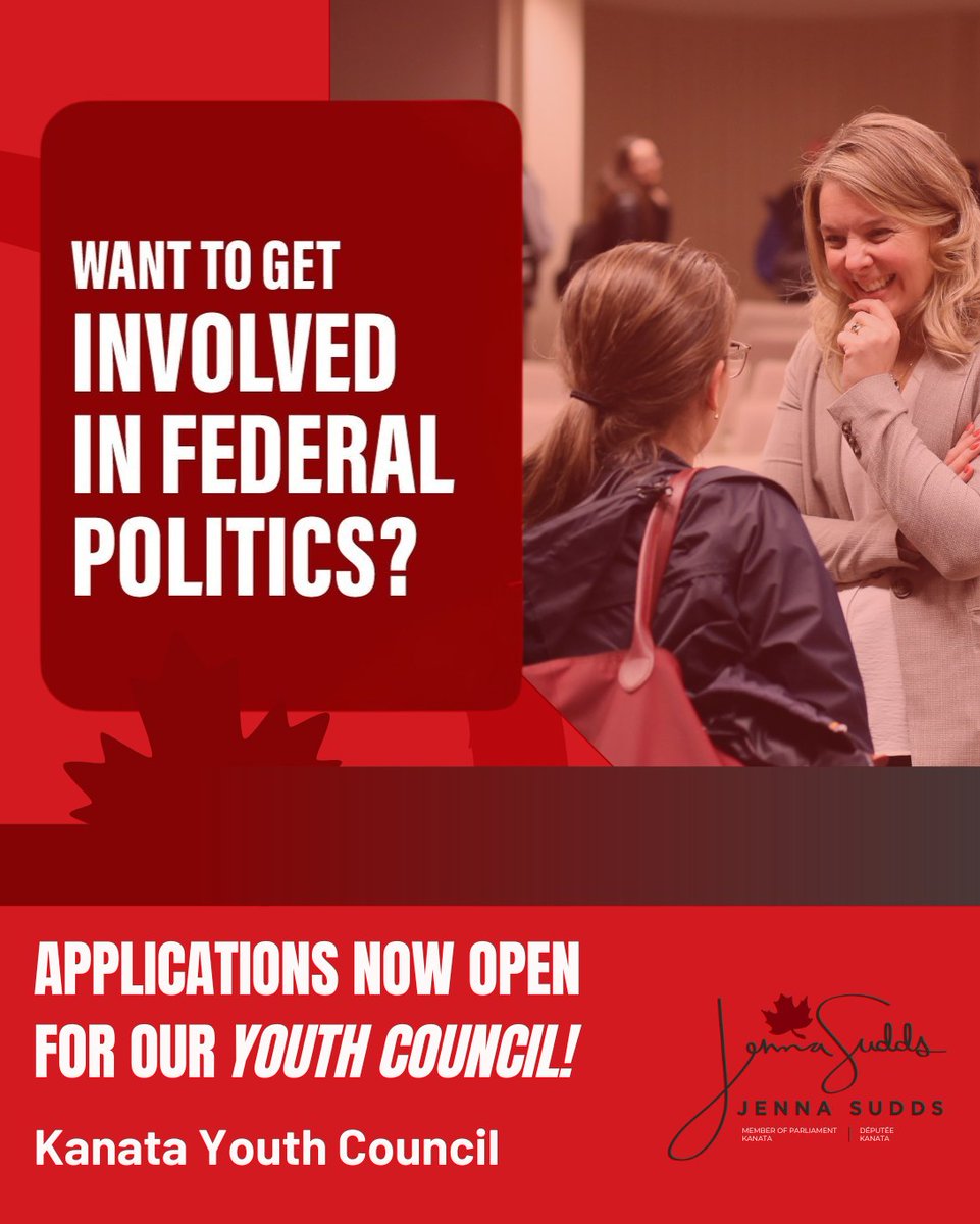 Calling all high school and university students from Kanata, Stittsville, Bells Corners, and Carp! Do you want to get involved in federal politics? The deadline to apply for my Kanata Youth Council is tomorrow, October 22, 2025.

👉 jennasuddsmp.ca/youthcouncil