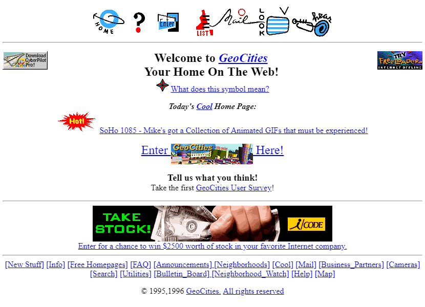 WebDesignMuseum's tweet image. In November 1994, David Bohnett and John Rezner founded the Beverly Hills Internet web hosting company, which was renamed GeoCities in 1995.  

In its early years, GeoCities offered its users an unprecedented 2 MB of free disk space.  

#WebDesignHistory