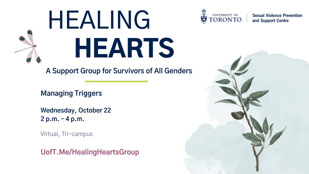 Our next session of Healing Hearts is all about managing triggers 💖This virtual support group is open to people of all genders, and meets monthly for caring conversations with survivors of sexual violence: UofT.Me/HealingHeartsG…