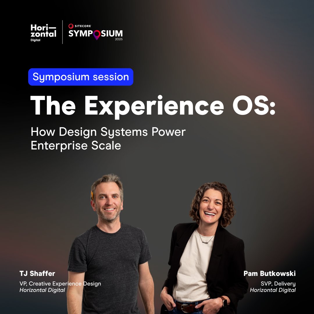 Sitecore's tweet image. Enterprises outgrow simple UI kits fast. What they need is a system built to align, scale, and adapt. Join Horizontal Digital at Symposium to learn how the right design system unites teams, speeds delivery, and scales experiences across dozens of global sites.