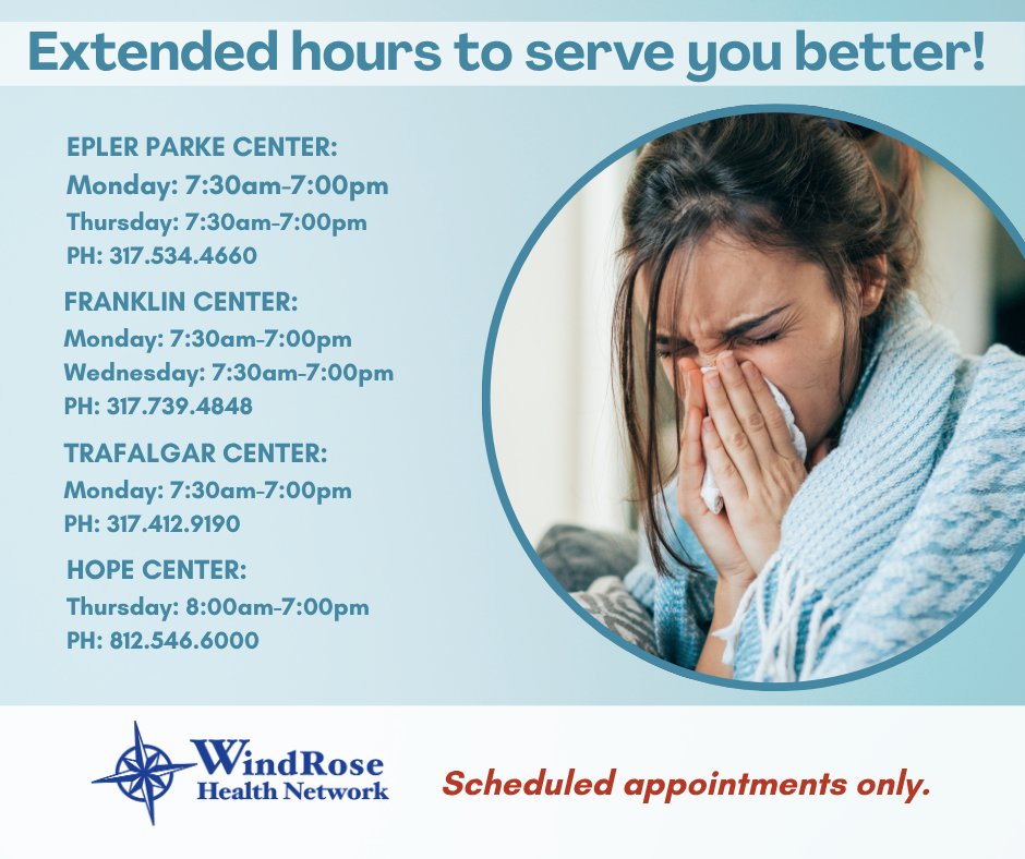 WindRose_Health's tweet image. Extended Hours For Extended Care! 🕒

WindRose Health Network is here when you need us — even after hours. Our extended hours make it easier for you to get the care you deserve, on your time.🩺

#ExtendedCare #Extendedhours #Healthcareforall