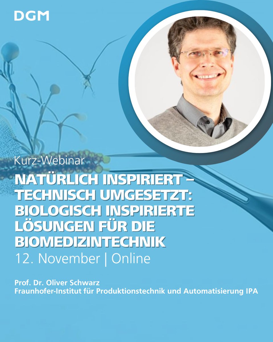 🌿 Bionik trifft Biomedizintechnik  
Wie Naturprinzipien Implantate, Instrumente &amp; Exoskelette inspirieren, zeigt Dr. Oliver Schwarz (Fraunhofer IPA) im kostenlosen Kurz-Webinar. 
📅 12.11.2025 | 🕒 15–16 Uhr  
👉 Jetzt anmelden: biologisierung-der-technik.de/de/news/aktuel…