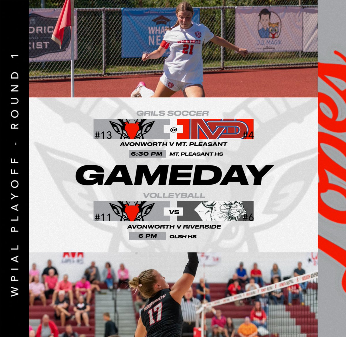 GAMEDAY!

Volleyball and Girls soccer hits the road in the opening round of WPIAL Playoffs!

#11 VB faces #6 Riverside
@ OLSH HS
6 PM 

#13 GSOC takes on #4 Mt. Pleasant 
@ Mt. Pleasant HS
6:30 PM

#LopesUP