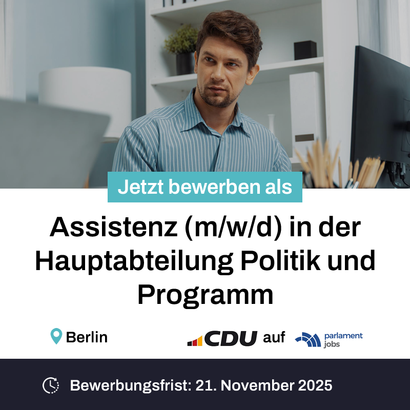 parlamentjobs's tweet image. Die CDU Deutschland sucht eine Assistenz (m/w/d) in der Hauptabteilung Politik und Programm:

parlamentjobs.de/job/assistenz-…

#Job #Assistent #Berlin #CDU #Politik #Programm #Vollzeit
