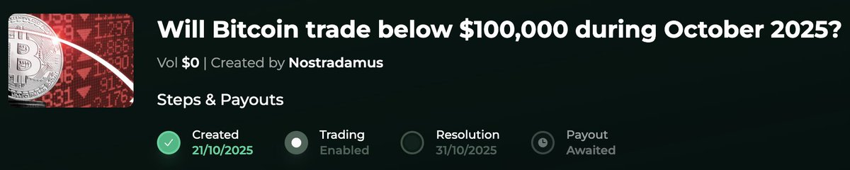 🔮New Prediction Market:     

Will Bitcoin trade below $100,000 during October 2025?

Trade here: 
imnostradamus.com/prediction-eve…

#Polymarket #Solana #Nostradamus #predictionmarkets