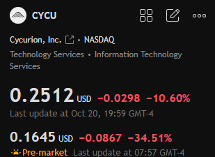 Fletcher_Os's tweet photo. $CYCU's oversold cyber powerhouse eyes $0.50 target (99% upside) from battered $0.25, with rock-solid supports at $0.25/$0.20/$0.18. This resilient IT defender's poised for rebound—grab the dip on gov't contract gold! https://t.co/qzDHEnNzN3