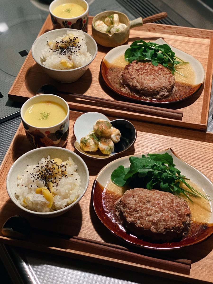 最近作った長谷川あかりさんレシピ エビトマトクリームカレーとバター酒蒸しハンバーグ めちゃくちゃ簡単でめちゃくちゃ美味しかった