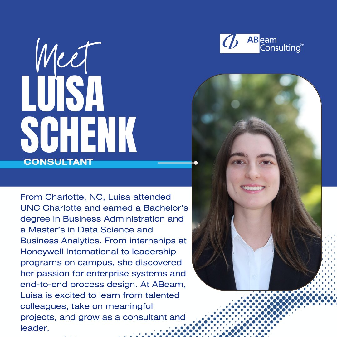 ABeamUSA's tweet image. Excited to welcome Luisa Schenk, who’s bringing her data-driven mindset and passion for enterprise systems to ABeam Consulting. Here’s to new beginnings and bold ideas ahead! #ABoutABeam #WelcomeAboard