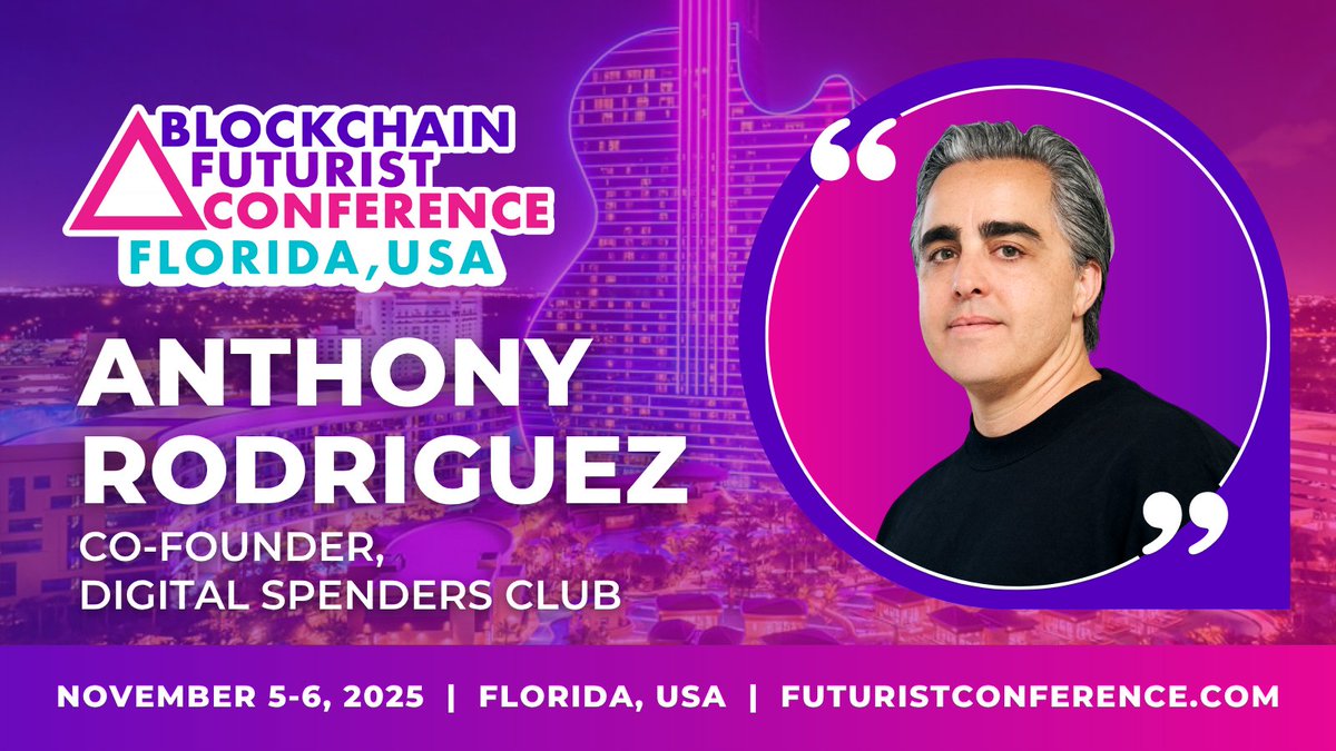 🚀  New Futurist Miami Speaker: Anthony Rodriguez 🚀 

Excited to welcome <a href="/Arodnotbaseball/">Anthony Rodriguez</a>, Co-Founder  at <a href="/spenders_club/">Digital Spenders Club</a>, to the 8th Annual of Blockchain Futurist Conference in Miami! 🌴

📅 Nov 5–6, 2025
📍 DAER &amp; Hard Rock Hotel + Casino

See you in the future 🔮