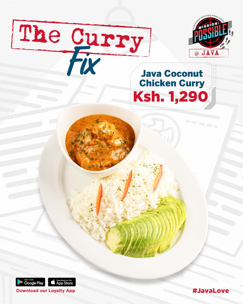 javahouseafrica's tweet image. Enjoy a delicious lunch of a hearty chicken curry cooked in a creamy coconut cream base sauce. Available at a Java
branch near you.​

#JavaLove