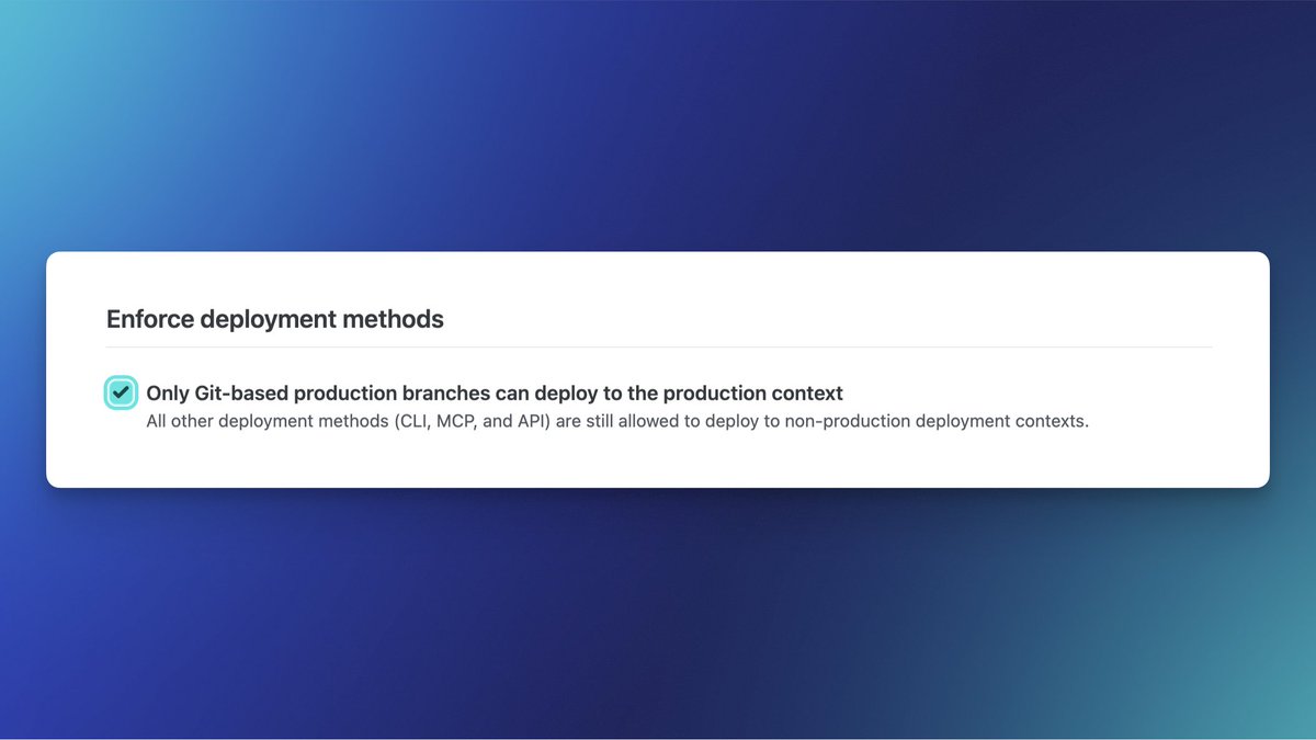 Netlify's tweet image. Thanks for the suggestion, Peter 👇

With more tools (and AI) deploying code directly, we’ve added an extra safeguard:

Restrict production deploys to Git workflows only.