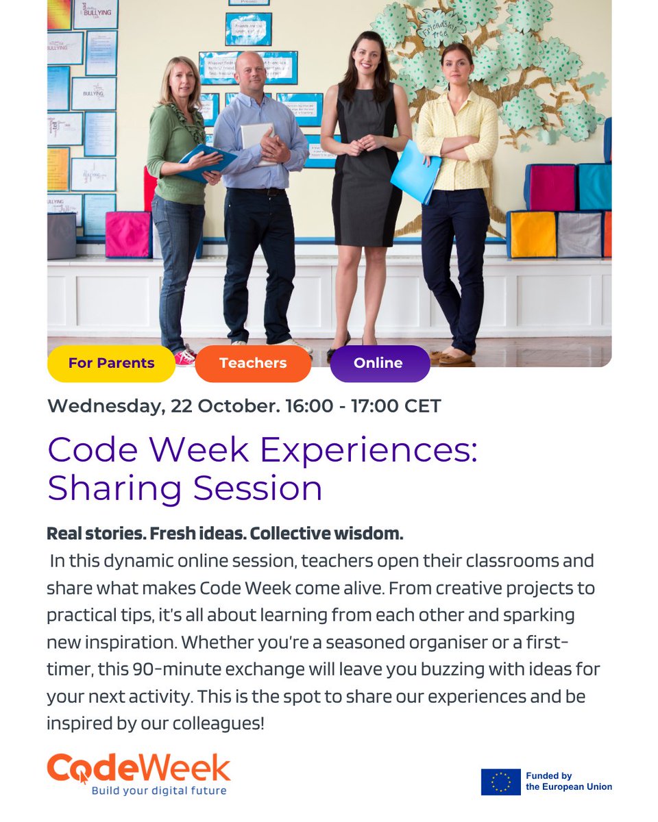 CodeWeekEU's tweet image. 💬 Tomorrow at #EUCodeWeek!
✨ Code Week Experiences: Sharing Session
Teachers & parents share real stories, creative projects & fresh ideas to spark your next activity! 🌟
🗓 Wed 22 Oct | 🕓 16:00–17:00 CET
🔗 ow.ly/G1U650XeZj5
#EUCodeWeek