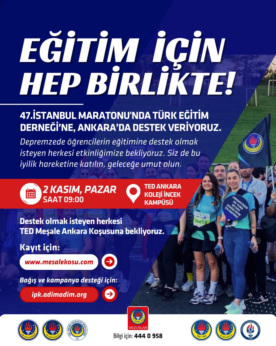 💙 Koşu sonrası Kolej-IN açık hava alanında DJ performansı, yiyecek &amp; içecek stantları ve müzik dolu keyifli bir gün sizleri bekliyor. 🎶

💻 Kayıt için: mesalekosu.com
🤝 Bağış kampanyası oluşturmak için: ipk.adimadim.org
☎️ Bilgi için: 444 0 958