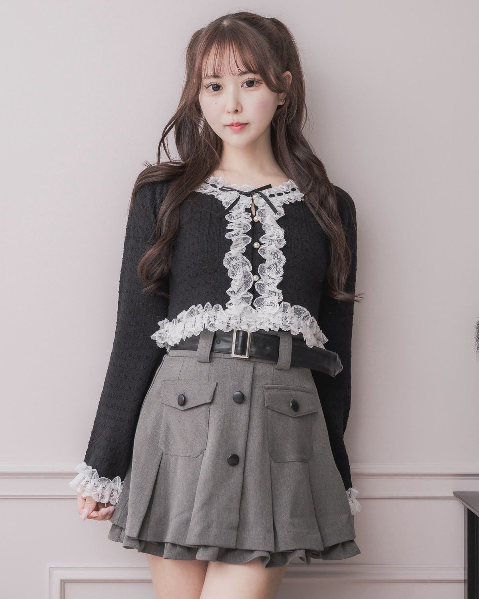 pium ハートボタンリボンベルトシャギーコート ブラックミックス