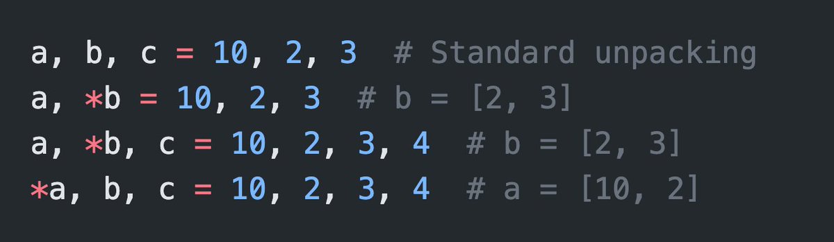 kotov_dev's tweet image. In Python, you can unpack sequences using * to handle varying sizes. Notably, * can be used in any position to capture extra elements.