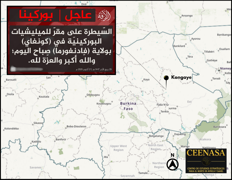 CEENASA396971's tweet photo. #BURKINAFASO 🇧🇫
On Oct 21, the #JNIM claims to have taken control of a #VDP HQ in #Kongaye, in #FadaNGourma province, in the morning https://t.co/TCYt9UP2yE