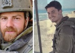 First image shows a man with short hair and a beard wearing a green shirt, speaking outdoors under sunlight with trees in the background and overlaid text Sean Glass, The Man. Second image splits into two parts: left side depicts a man with a beard in military gear including helmet and vest against a blurred background, right side shows the same man smiling on a beach with ocean waves and sand. Third image features a dark background with Al Jazeera logo and Arabic text overlay including Vampire Battalion, containing a photo of a smiling man in military uniform on a beach setting.