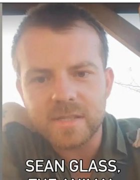 First image shows a man with short hair and a beard wearing a green shirt, speaking outdoors under sunlight with trees in the background and overlaid text Sean Glass, The Man. Second image splits into two parts: left side depicts a man with a beard in military gear including helmet and vest against a blurred background, right side shows the same man smiling on a beach with ocean waves and sand. Third image features a dark background with Al Jazeera logo and Arabic text overlay including Vampire Battalion, containing a photo of a smiling man in military uniform on a beach setting.