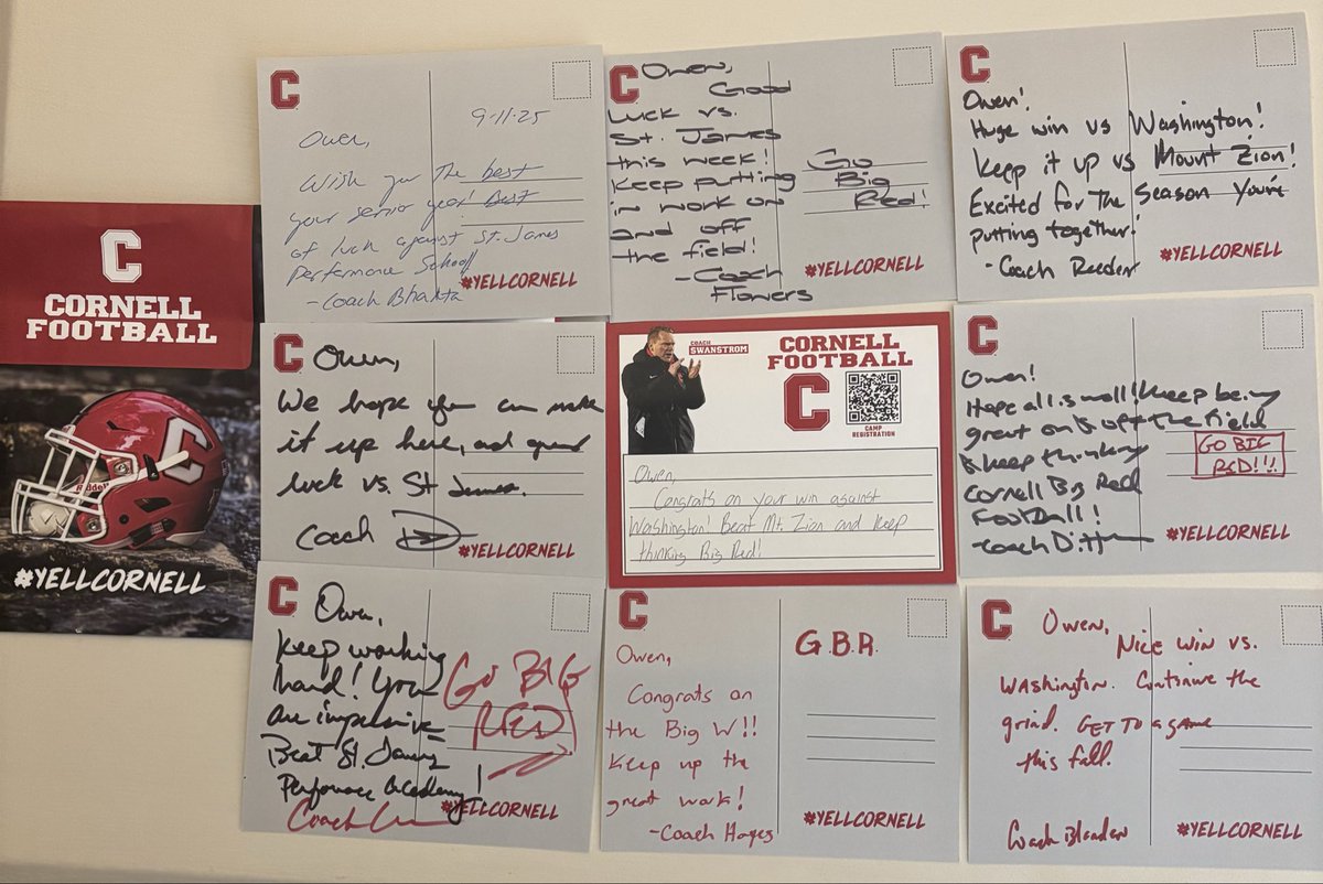 Thank you <a href="/BigRed_Football/">Cornell Football</a> for the mail with the inspiring messages 
<a href="/DanSwanstrom/">Dan Swanstrom</a> <a href="/Sean_Reeder/">Sean Reeder</a> <a href="/CoachBhakta/">Satyen Bhakta</a> <a href="/TreyFlowers_/">🦈</a> <a href="/Coach_Hatcher20/">Mike Hatcher</a> <a href="/TerryUrsin/">Terry Ursin</a> <a href="/CoachJDittman58/">Jeff Dittman</a> <a href="/conner14hayes/">Conner</a> @CoachAnDees