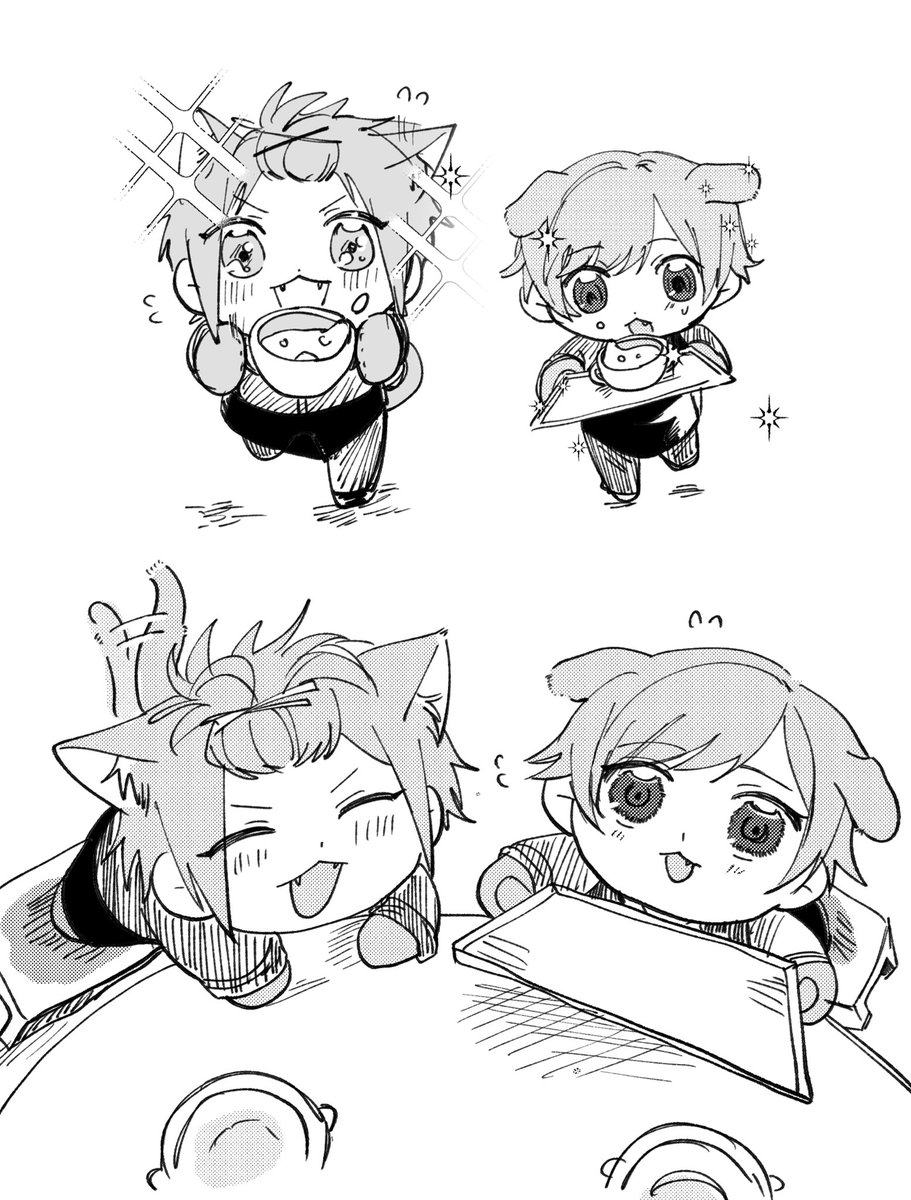 スープを運ぶンジュネコとちのネコです
（一部フォロワーに捧げたもの）