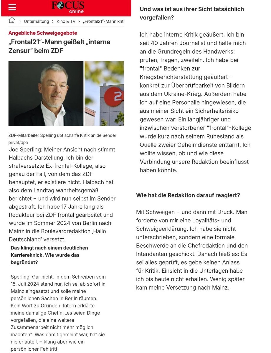 Joe Sperling wurde nach eigenen Angaben bei ZDF Frontal wegen interner Kritik nach 17 Jahren zu einem Boulevardmagazin strafversetzt. Er kritisiert eine "interne Zensur" beim ZDF. #OerrBlog