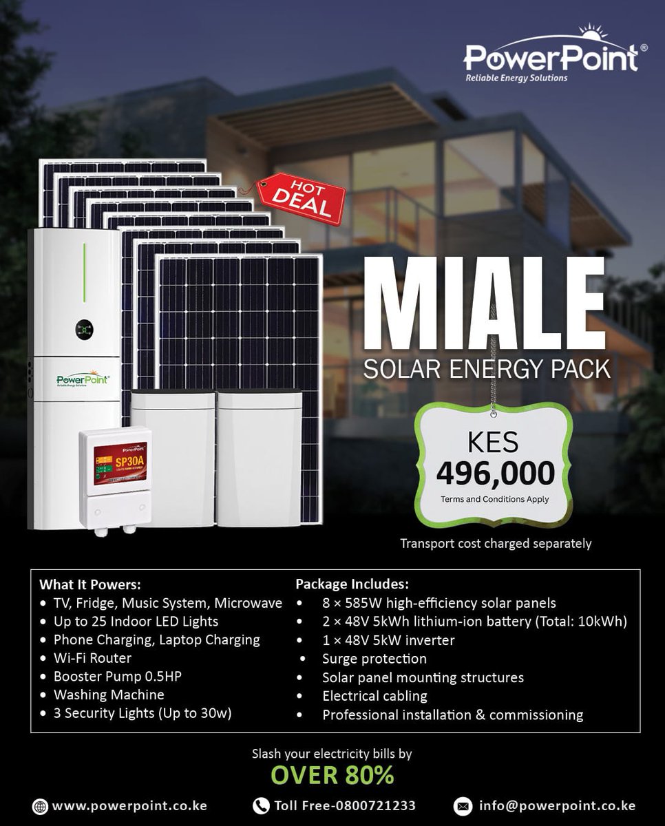 ppointsystems's tweet image. Big news! 🌞 Our Nuru, Miale &amp;amp; Nguvu Solar Kits are here!

Whether you’re powering your home, your hustle, or your future, there’s a kit for you!

Ready to switch on the sun? 🌤️ 
Call Us Toll Free: 0800 721 233

#PowerPointSolar #SwitchToSolar #SolarMadeSimple