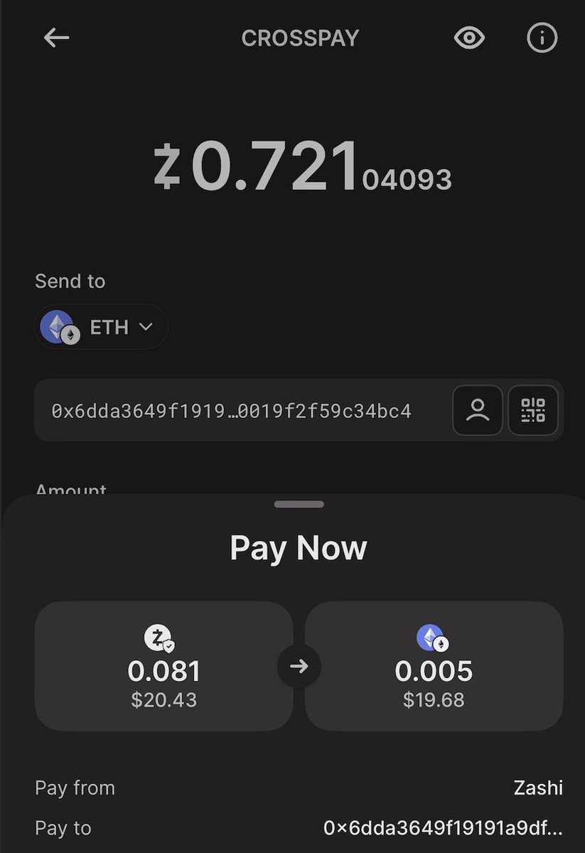 Crosspay feature in Zashi wallet