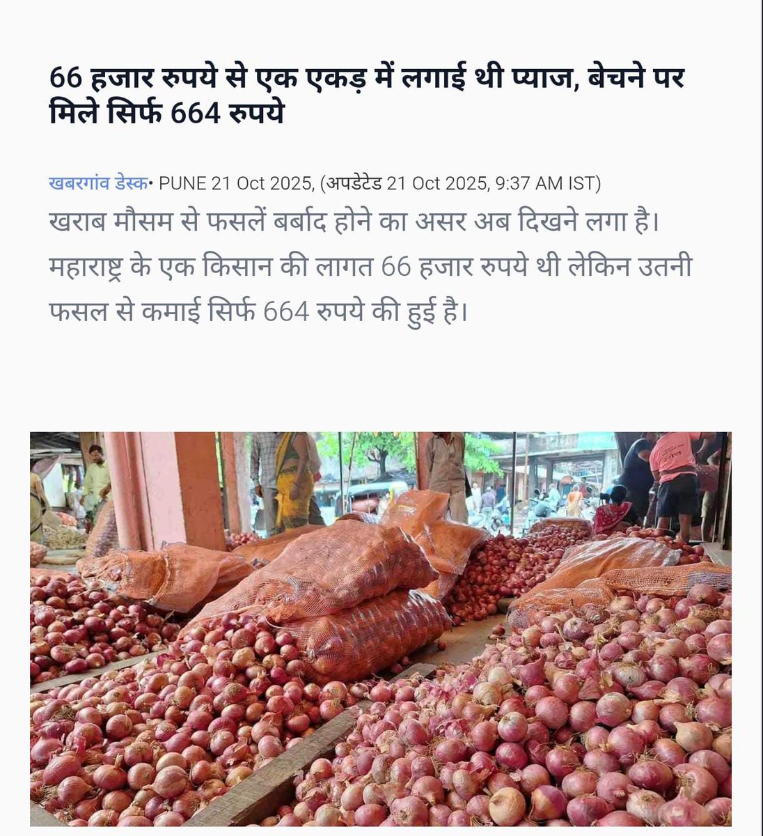 srinivasiyc's tweet image. देश में किसानों का हाल समझिए 👇
महाराष्ट्र के किसान ने 66 हजार रुपए लगाकर प्याज की फसल लगाई।
बारिश से फसल बर्बाद हो गई। किसान ने जैसे-तैसे करीब 750 किलो प्याज बचाया।
किसान 1,500 रुपए किराया लगाकर प्याज मंडी लेकर पहुंचा। यहां उसे 750 किलो प्याज के सिर्फ 664 रुपए मिले।
मोदी…