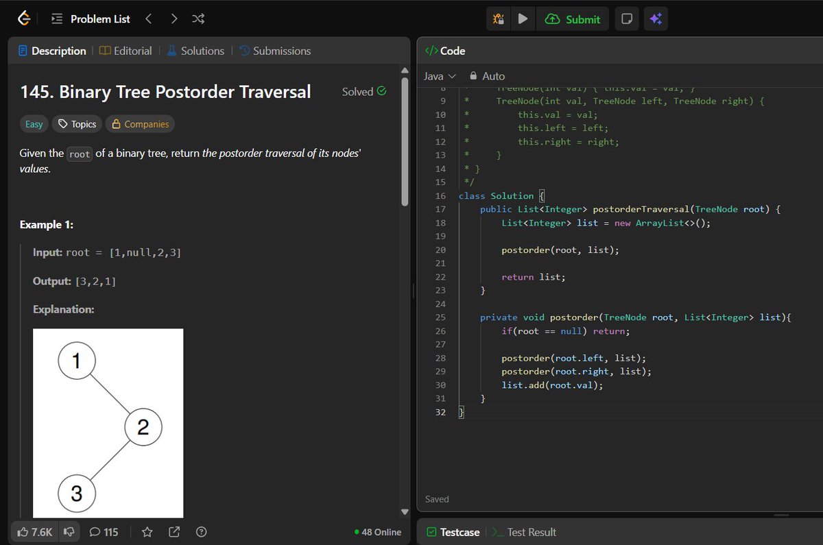 ritik65477's tweet image. 🚀 Day 106 of My DSA Journey – Binary Tree 🌳
Last 3 days, I explored:
🔹 DFS Traversals (Recursive)
• Preorder
• Inorder
• Postorder
🔹 BFS Traversal
• Level Order
Tree traversal patterns are clicking 🌱
#DSA #100DaysOfCode #LearnInPublic #LeetCode #GFG