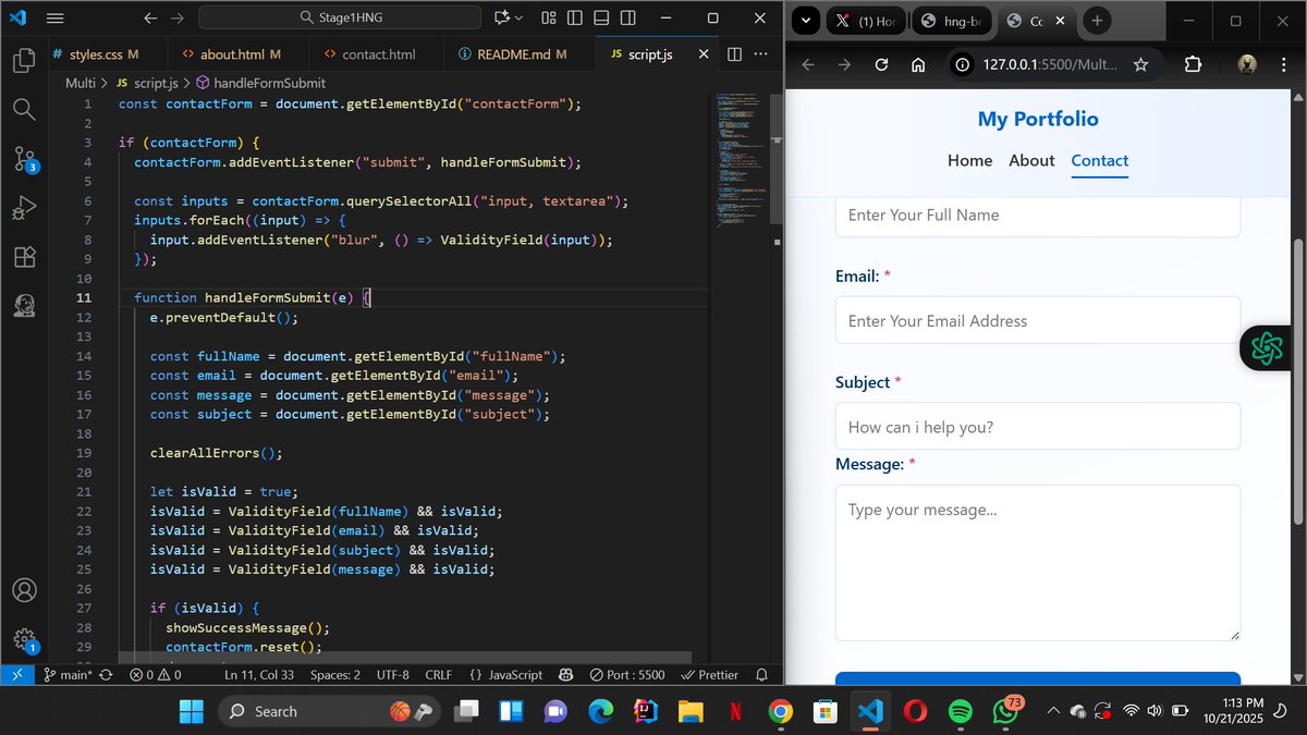 seye_victor4's tweet image. 🚀 Currently working on my Frontend Project for the @hnginternship Stage 1 Internship!. Built a clean, responsive Contact Form with real-time validation using HTML, CSS, and JavaScript💻✨ #HNG #HNGInternship #WebDevelopment